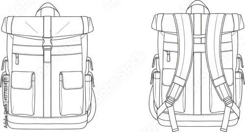 Backpack, top flap, zipper pockets, technical drawing, flat sketch, vector illustration, CAD design, fashion accessory, outdoor gear, travel bag, padded straps