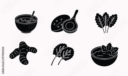 Black and white vector illustration of healthy food ingredients assortment