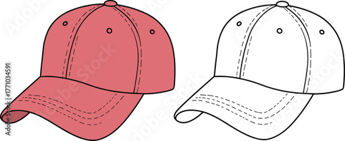 Baseball cap colored and outline version side by side, curved brim, six panel design, ventilation eyelets, cad drawing flat vector illustration