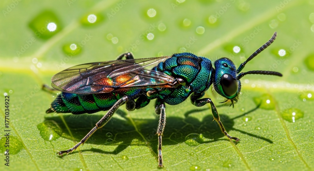 Fototapeta premium Close up of a vibrant cuckoo wasp resting on a green leaf with water droplets shining brightly