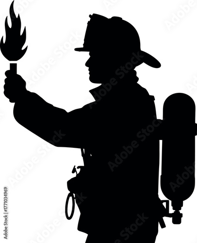 Black silhouette firefighter holding flaming torch