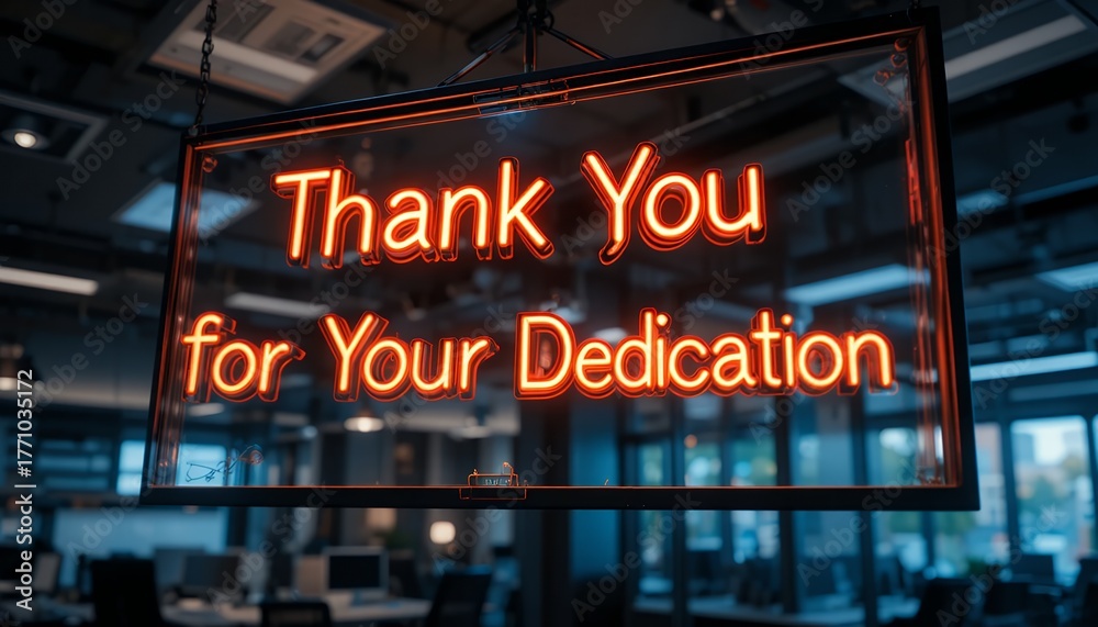 Fototapeta premium Neon sign displaying appreciation for dedication in a modern office setting with warm orange light