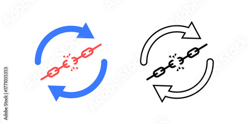 File sync loop error icon featuring circular sync arrows with a broken link. Great for data synchronization problems, cloud backup issues, and digital file transfer alerts.