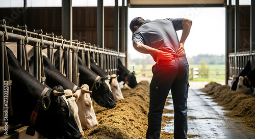 Farm worker suffering from lower back pain in a dairy barn, an occupational hazard of physical labor