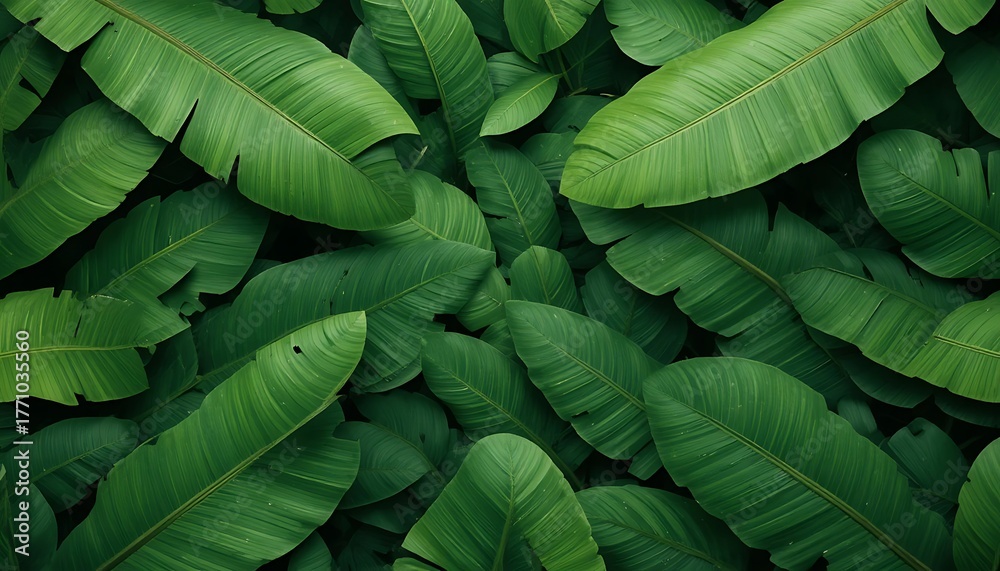 Obraz premium Lush green banana leaves create a vibrant tropical background perfect for exotic designs