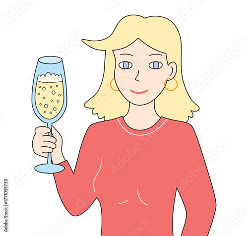 Blonde woman holding a champagne or prosecco glass illustration