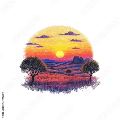 outback sunset drawn vector illustration