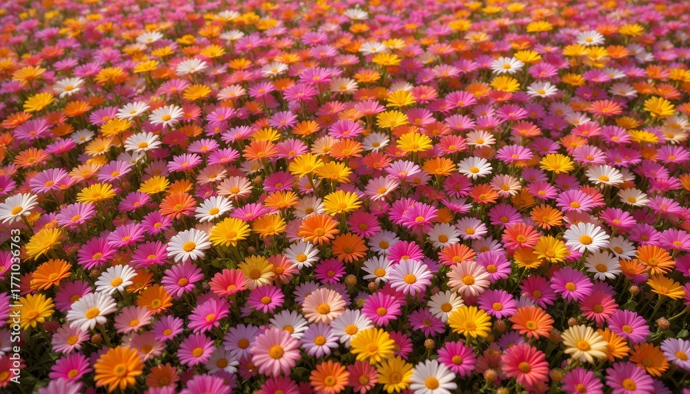 Fototapeta premium vibrant and diverse field of blooming colorful daisies in natural sunlight extending across the