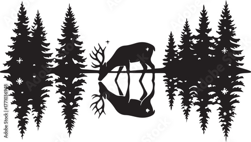 Silhouette of a majestic deer or reindeer drinking from water, reflecting a winter forest of pine or evergreen trees with falling snowflakes