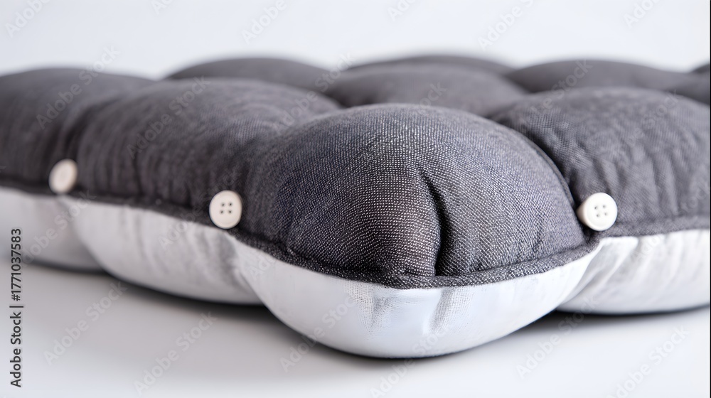 Obraz premium Puffy upholstered seat cushion features tufted gray fabric with contrasting white underside and accent buttons