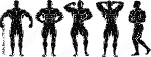 Bodybuilding silhouette icons, muscular male figures, flexing poses, fitness graphics, black and white design, competition stance, gym symbols, vector set