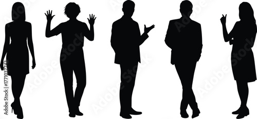 Business gesture silhouettes, professional figure icons, body language graphics, black design, workplace symbols, minimal style, vector corporate set