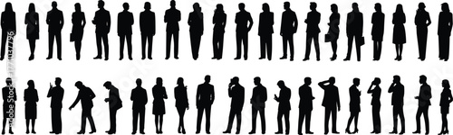Black silhouette people, diverse standing poses, body language illustration, gesture variety, human posture set, white background, design resource, vector art