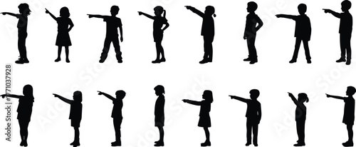 Children silhouette illustration, pointing left, group behavior, black and white vector, direction concept, standing pose, uniformity, teamwork, instruction, gesture
