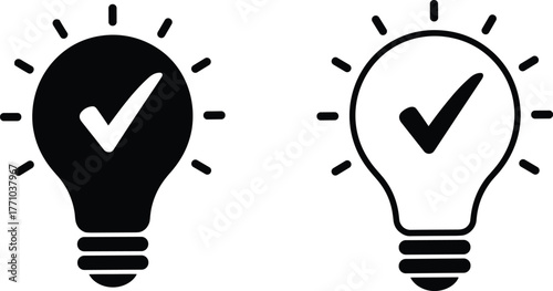 Light bulb icons, idea validation concept, check mark symbol, innovation approval, black and white design, creative thinking, decision making, graphic illustration