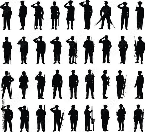 Military silhouette character set, black soldier poses, saluting and weapon icons, armed forces illustration grid, tactical visual, vector design