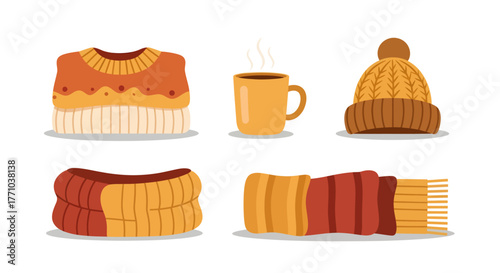 Cozy winter essentials a knitted sweater, warm scarf, and steaming mug of hot drink, perfect for cold weather