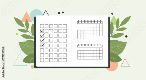 Digital Planner Illustration Calendar and Checklist for Time Management. Organize daily tasks, track habits, and boost personal productivity with this modern design featuring natural elements