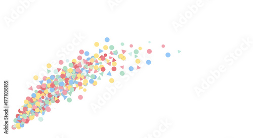 A dynamic burst of pastel colored geometric particles, circles, and triangles creating an abstract celebratory design on a white background