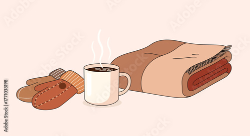 Warm and inviting illustration of a cozy winter setup featuring a steaming hot beverage, soft knit mittens, and a comforting folded blanket, perfect for relaxation