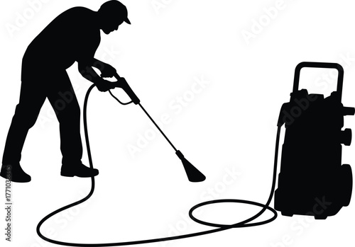 Pressure washer silhouette, cleaning equipment illustration, outdoor maintenance, black and white art, sanitation task, hose, spray wand, person working, driveway, hygiene