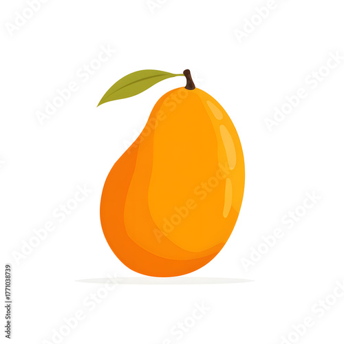 Illustration of a single ripe mango with a green leaf attached to the top on a white background