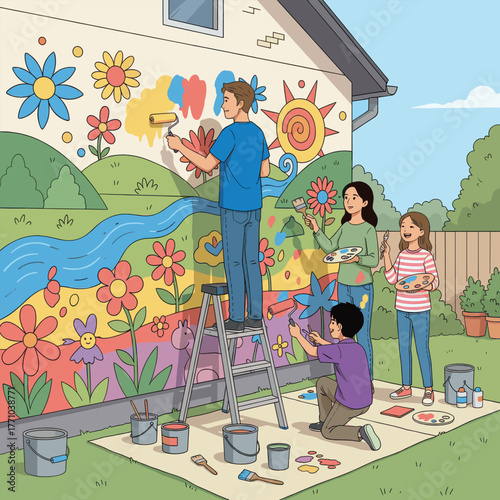 A joyful group of friends painting a colorful mural together on a sunny day to brighten their neighborhood wall