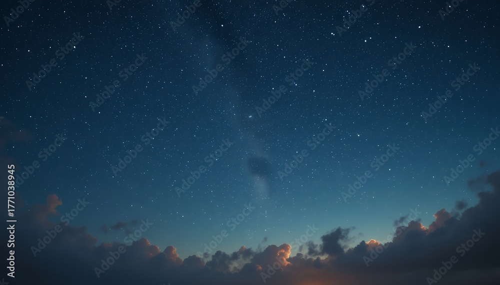 Fototapeta premium Starry night sky with faint milky way and illuminated clouds on horizon above calm landscape