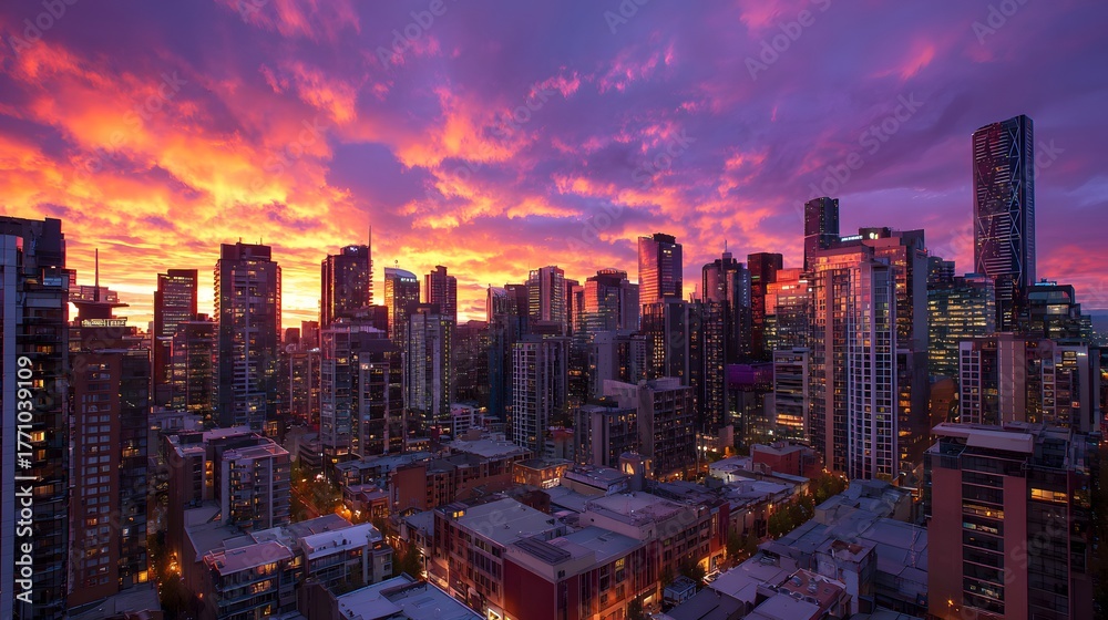 Fototapeta premium Tall buildings define a metropolitan skyline beneath a dramatically colored evening sky