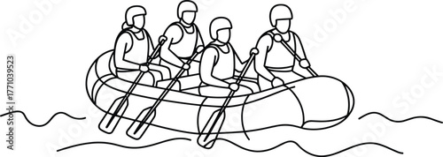 Rafting team illustration, black and white line drawing, water sport sketch, outdoor adventure, teamwork concept, minimalist safety gear scene