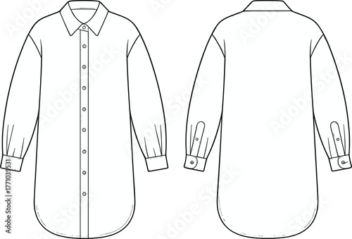 Shirt dress, long sleeve, button front, pointed collar, curved hem, tunic length, fashion flat, CAD drawing, vector illustration, garment sketch