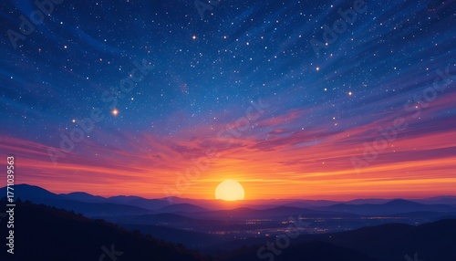 A stunning sunset over layered mountain ranges with a vibrant starry sky above