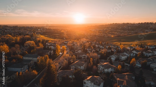 Elevated view captures suburban neighborhood bathed in warm glow of setting sun over rolling terrain