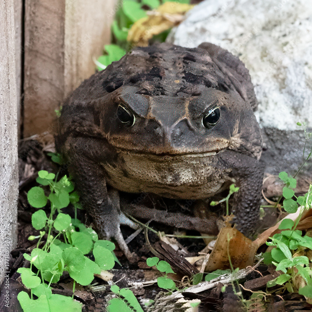 Obraz premium Cane toad, or bufo frog, with warty brown skin is meanly staring forward on ground with green leaves. These toads are deadly for dogs.