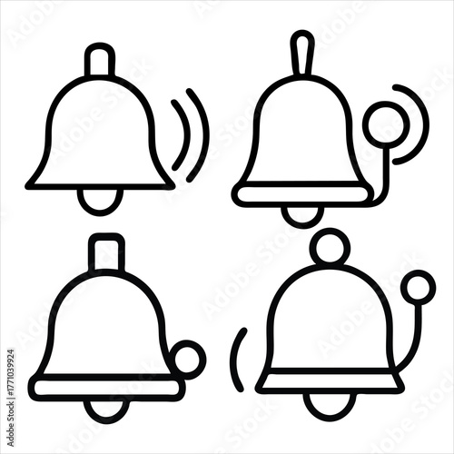 Four simple line art bells showing different states of ringing and silence vector
