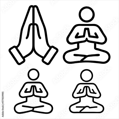 Meditating figures and prayer hands icons for wellness mindfulness and yoga symbols vector