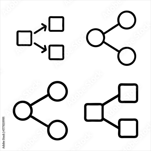 Simple diagram icons representing branching processes and data flow for visual communication vector