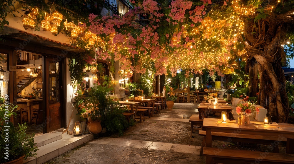 Fototapeta premium Warm glowing string lights illuminate an enchanting outdoor dining patio adorned with vibrant blossoms at night