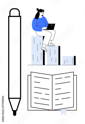 Woman with laptop on bar chart, open book with ribbon, and pen. Ideal for education, self-learning, analytics, growth, writing, creativity knowledge sharing simple flat metaphor