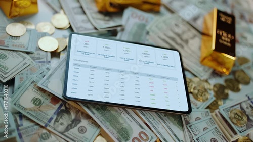 Digital tablet screen displaying a financial spreadsheet with investment data, placed on a background of scattered american dollar bills, gold coins, and shiny gold bars symbolizing wealth