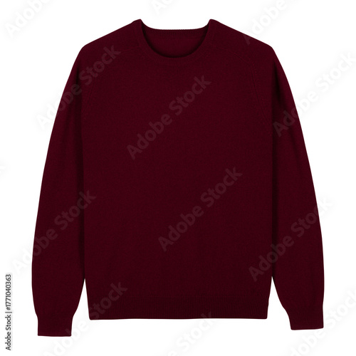Rich burgundy crew neck sweater with fine knit texture and ribbed cuffs and hem, isolated on white background. Ideal for fall and winter fashion in warm jewel tones