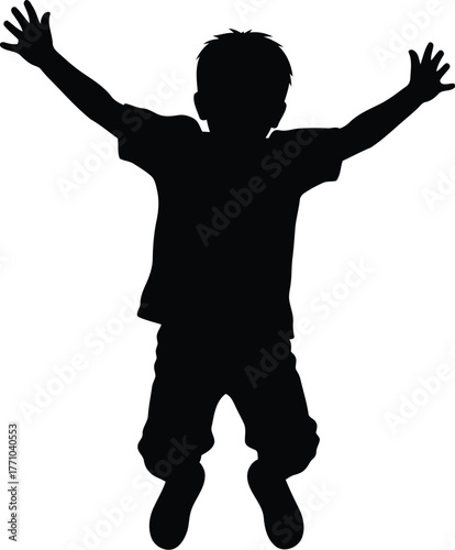 Joyful silhouette of a child jumping with arms raised high in celebration and freedom vector
