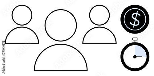 Three user icons representing a team alongside a clock and a dollar sign circle. Ideal for collaboration, productivity, business, efficiency, time management, finance, leadership. Simple flat