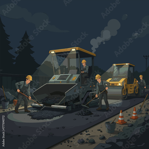 Hardworking construction crew repairing the city road at night under bright lights with heavy machinery and teamwork spirit