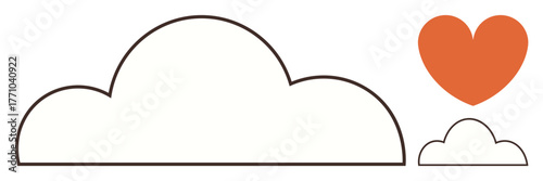 Large and small clouds with an orange heart symbol. Ideal for love, weather, creativity, optimism, positivity, dreams, communication. A simple flat metaphor
