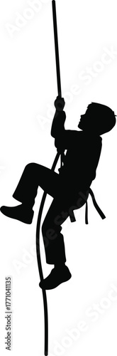 Silhouette child adventurer climbing rope extreme sport adventure outdoor activity challenging achievement overcoming obstacles personal growth courage vector