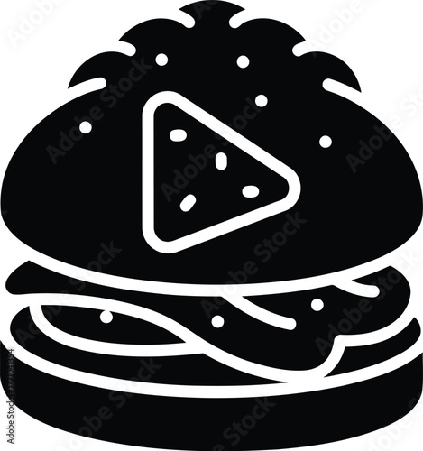Fast food burger with play button icon symbolizing food video content delicious meal concept vector