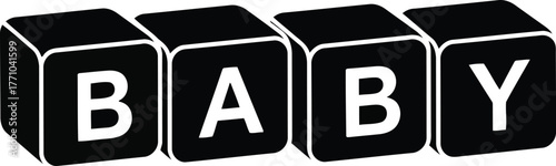 Four black cubes spell baby letter blocks simple childhood fun toy education graphic icon vector