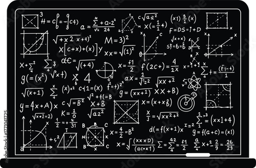 Laptop screen displays complex mathematical formulas equations and geometric shapes education science abstract concept vector