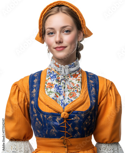 Beautiful Dutch Woman in Traditional Volendam Costume Elegant Portrait, Isolated on Transparent Background